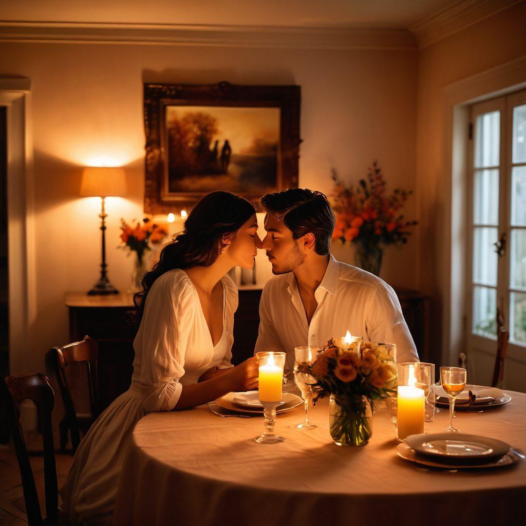 A romantic candlelit setting with a cozy dining table, adorned with flowers and soft linens, evoking intimacy. Silhouettes of a couple leaning in for a kiss in the background, surrounded by warm light and soft shadows. The atmosphere conveys passion and connection, inviting readers to explore the depths of romance. rich colors. warm lighting. soft focus.