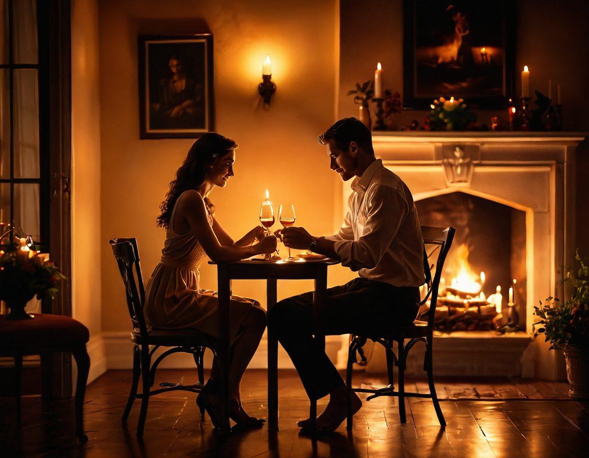 A romantic setting with a couple engaged in playful flirting, surrounded by soft candlelight and lush, intimate decor. The scene captures their deep connection and chemistry, with a faint silhouette of fantasies symbolizing their desires in the background. Rich, warm tones create an inviting atmosphere, encouraging a sense of passionate intimacy. super-realistic. vibrant colors. soft focus.