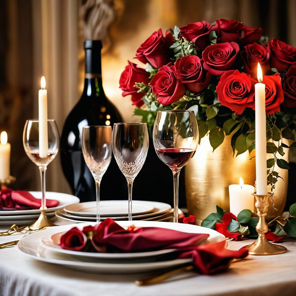 A seductive candlelit dinner table set for two, adorned with lush red roses, soft golden light, and delicate wine glasses overflowing with rich red wine. An elegant couple leaning towards each other, sharing a knowing smile, surrounded by whimsical heart motifs and playful, swirling smoke patterns that suggest romance. Elegant, soft colors and a dreamy atmosphere. super-realistic. vibrant colors. soft focus.